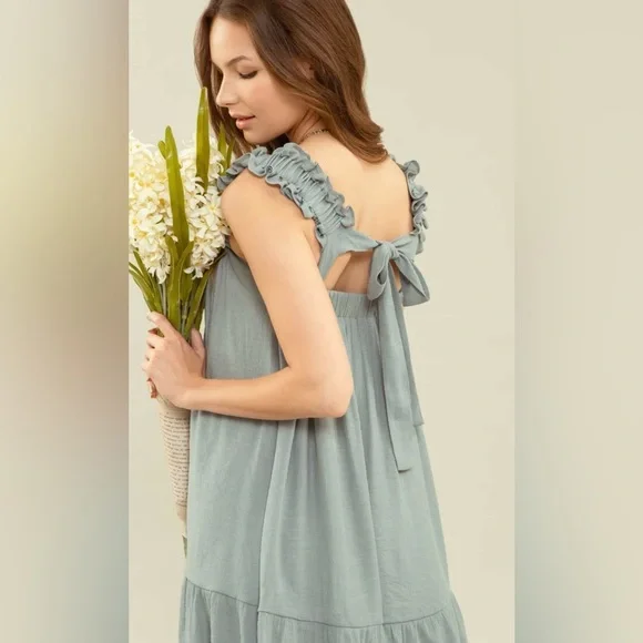 Blue-green Tiered Mini Sundress with Square Neck/ Ruffle Cinched Shoulder Straps - Picture 4 of 13